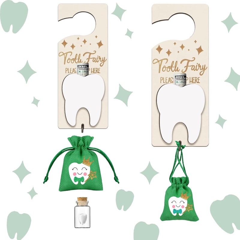 AINBIN Tooth Fairy Door Hanger, Tooth Fairy Kit Tooth Holder with Money Slot, Keepsake Bottle & Burlap Pouch for Lost Teeth, Encourage Gift for Boys Girls (Green) - Image 1